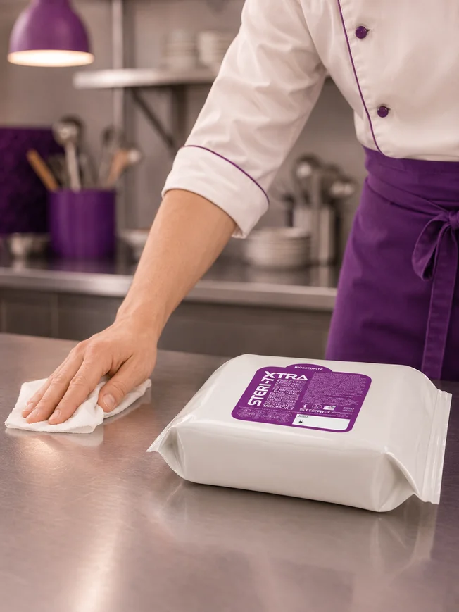 Désinfection d’un plan de travail avec les lingettes STERI-7 XTRA